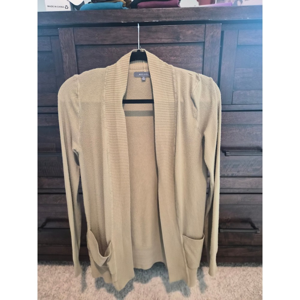 BECOOL Women Tan Olive Open Front Cardigan Sweater Pockets Size S 51014
